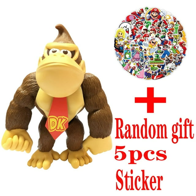 figuras de acción de super mario bros, juguetes de pvc de 14cm, conjunto de modelos de luigi, yoshi, donkey kong, seta, regalos de cumpleaños para niños — Donkey Kong PVC de 11–14 cm, vista frontal centrada, silueta completa con pelo moldeado y manos abiertas, corbata roja con las letras DK visibles; fondo blanco y lote de stickers circulares incluidos como regalo aleatorio.