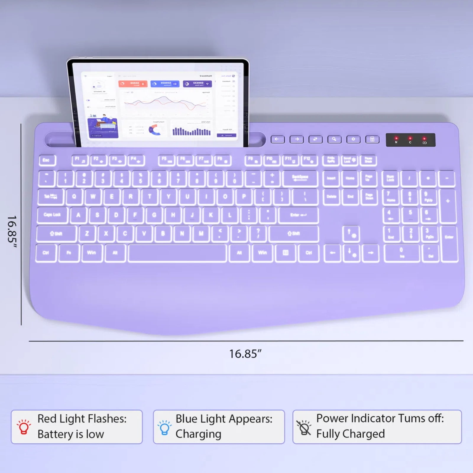 Wagpak Wireless Keyboard 7 Color Backlit Wrist Rest Rechargeable 112 Keys Quiet Keyboard-Purple