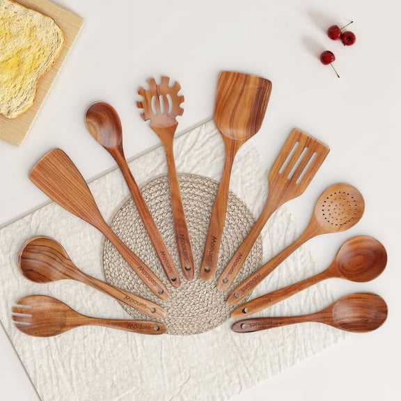 Mooues Premium 9-Piece Teak Cooking Utensil Set - Eco-Friendly, Non-Stick, Easy to Clean, Durable & Safe Kitchen Tools with Comfortable Grips