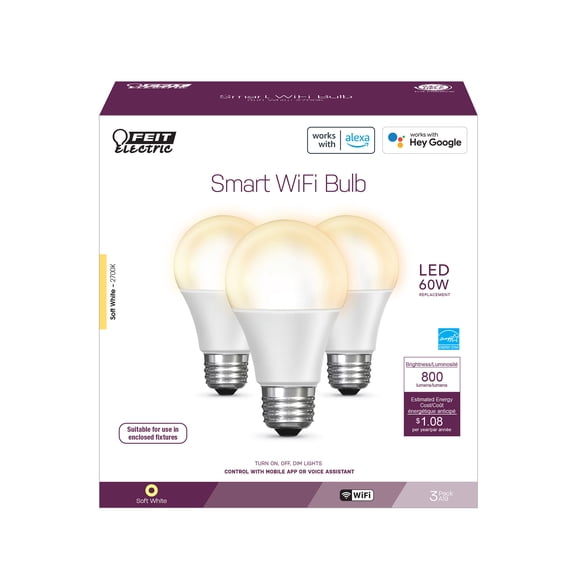 Feit Electric Smart LED 9 Watt (60W Equivalent) Soft White Light Bulbs, A19, E26, (Dimmable (3 Pack)