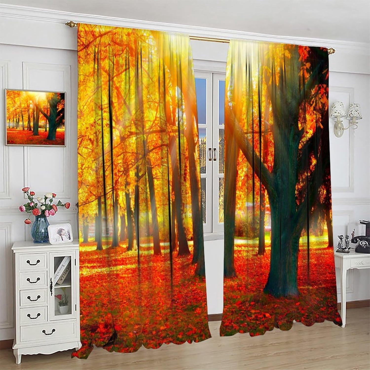 Natural Landscape Blackout Curtains, Forest Sunset Maple Leaf Lawn Woodland Pattern Printed Curtains for Bedroom Living Room Insulation Curtains 52x84 Inches