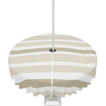 Outdoor Tablecloth with Umbrella Hole and Zipper Beige White Stripes Round Outdoor Tablecloths 60 Inch Waterproof Outside Table Cloths Patio Table Cloth Cover for Outdoor Tables Picnic Garden