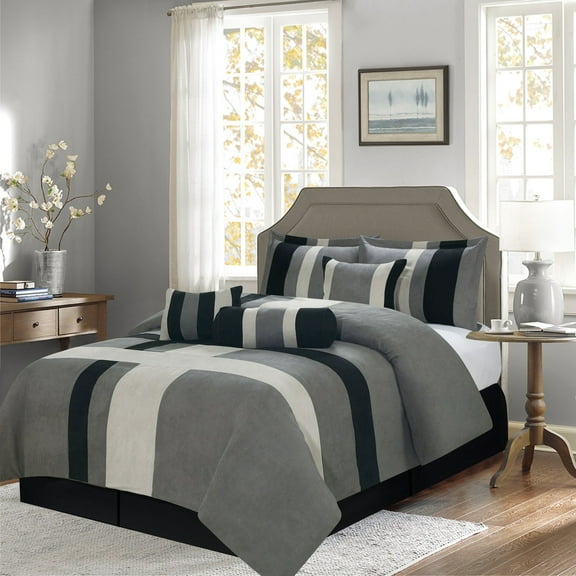 Aberdeen Luxury 7-piece Suede Winter Bedding Comforter Set! - Gray   Black   White!