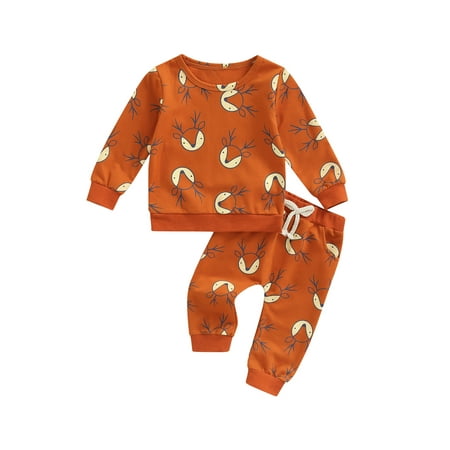 

Nokpsedcb Toddler Baby Boy Girl Fall Winter Clothes Printed Long Sleeve Crew Neck Sweatshirt Pullover Tops Pants Set Outfits Brown 6-12 Months
