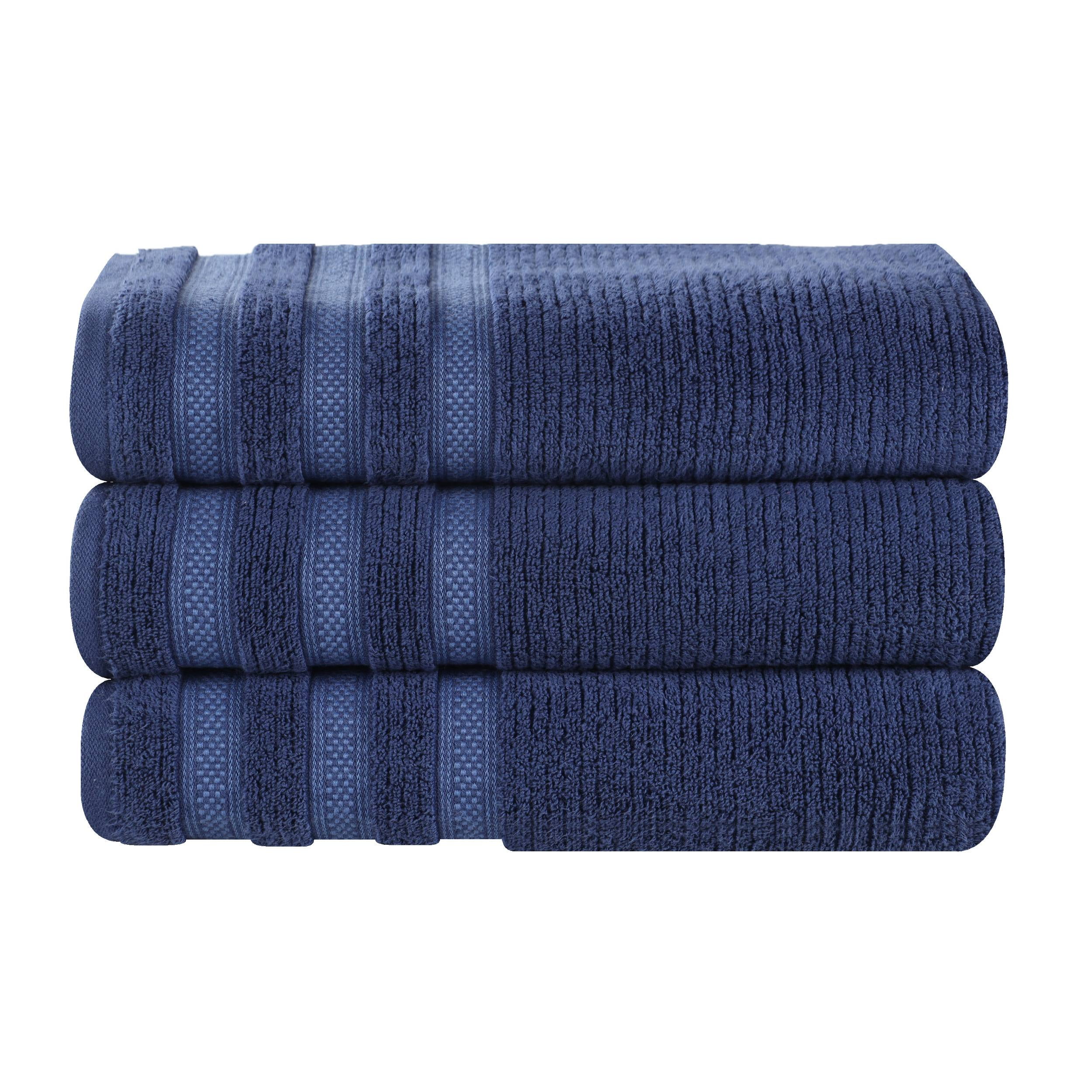 Superior Zero Twist Cotton Ribbed Geometric Bath Towel Set of 3 , Ultra Soft Quick Dry, Navy Blue