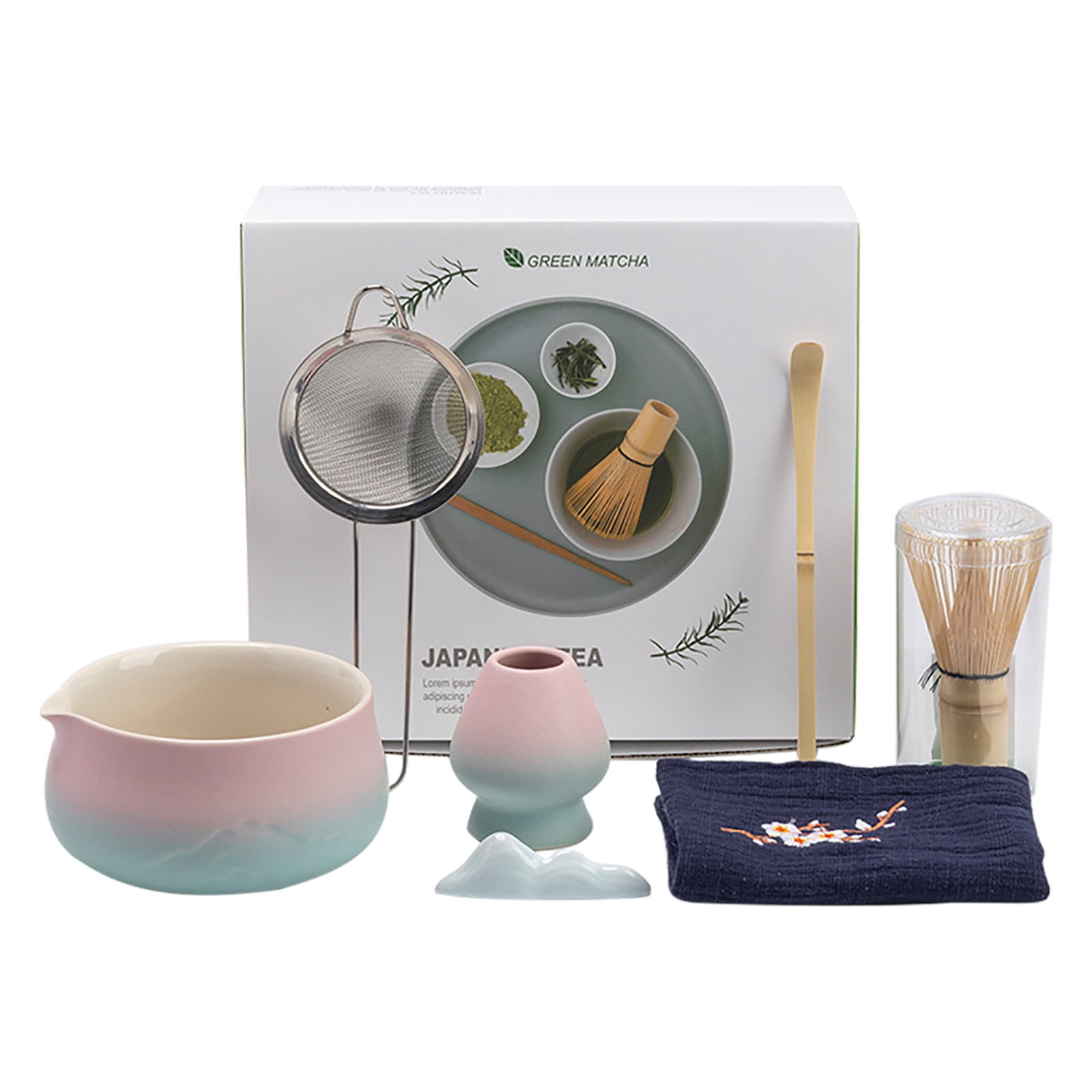 Matcha Tea Maker 7-Piece Set Clearance! Japanese 7 Piece Matcha Tea Set Standard Size Ceramic Bowl with Whisk Spoon Holder Strainer Container and Caddy for Traditional Ceremonies