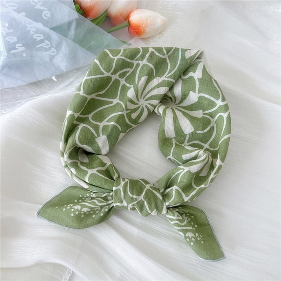 Namzi Elegant Personalized Scarf Small Square Scarf Spring New European and American Headband Versatile Printed Cotton and Hemp Scarf -1 Piece (Green)