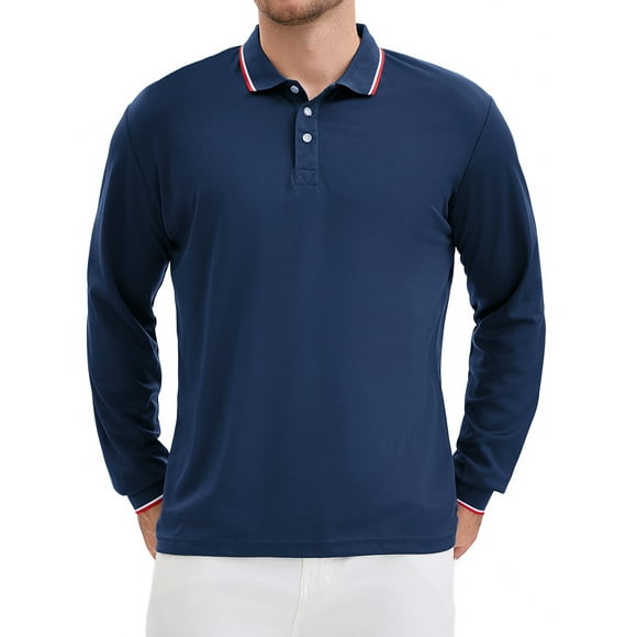 Camisa polo de golf de negocios de manga larga de ajuste regular para hombre en color sólido, azul marino