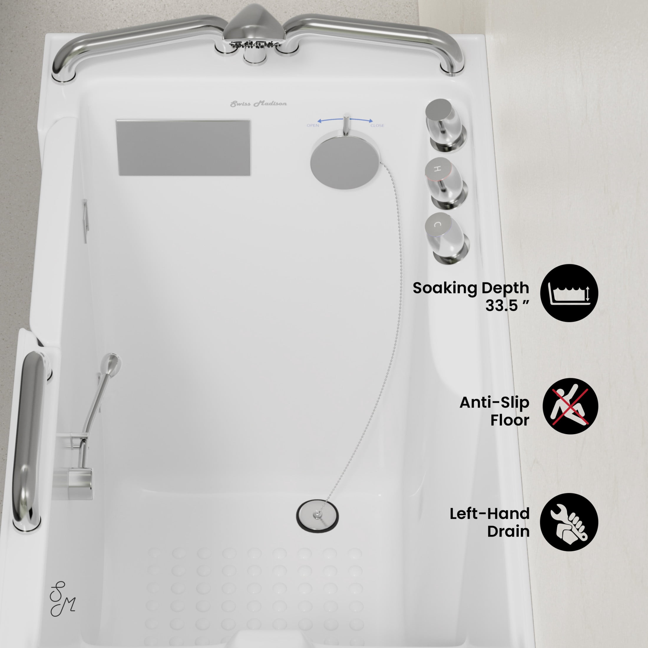 Auvergne 53" x 27" ADA Left Drain Walk-in Soaking Bathtub in Glossy White, Faucet Set, Drain, Grab Bars, Pillow Included
