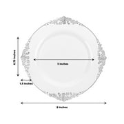 Efavormart 10 Pack | White/Silver Baroque 8 Round Plastic Dessert Salad Plates, Disposable Tableware with Leaf Embossed Gold Rim