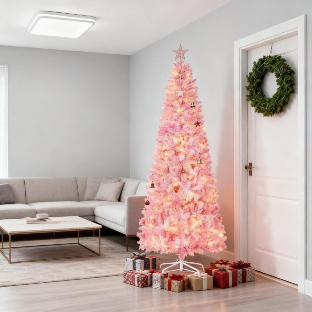 7.5ft Prelit Pink Snow Flocked Christmas Tree 700 Tips 350 LED Lights Auto-Open Branches Indoor Decor