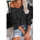 thumbnail image 5 of Blusa holgada de manga larga con hombros descubiertos y escote en V de punto gofre para mujer, 5 of 6