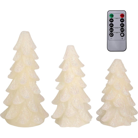 YUYAN-3 Pcs Glittering White Christmas Tree Shaped Candle Flickering Flameless LED Candles with Remote, Real Wax Battery Operated Candle for Christmas Home Party Decoration and Gift