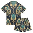 thumbnail image 2 of FORMRS Kids Short Sleeve Top and Pants Pajama Set Unisex Satin 2-Piece Sleepwear, Sizes 5-6Y, Green Peacock Pattern, 2 of 8