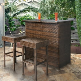 3 Piece Wicker Patio Bar Counter Serving Table Set With Two Stools