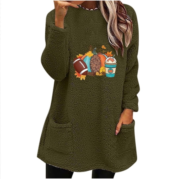 Ruimatai Womens Long Sleeves Ribbed Knit Tunic Shirts Crew Neck Tops Fit Blouses Women's Thanksgiving Day Round- Neck And Winter Loose Print Pocket Warm Long Sleeve Blouse Tops