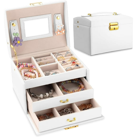 Gogcaro Jewelry Box for Girls Women, Girls jewelry box 3 Layer with PU Leather, Travel Jewelry Case with Mirror for Earring Ring Necklace, Best Gift for Girls