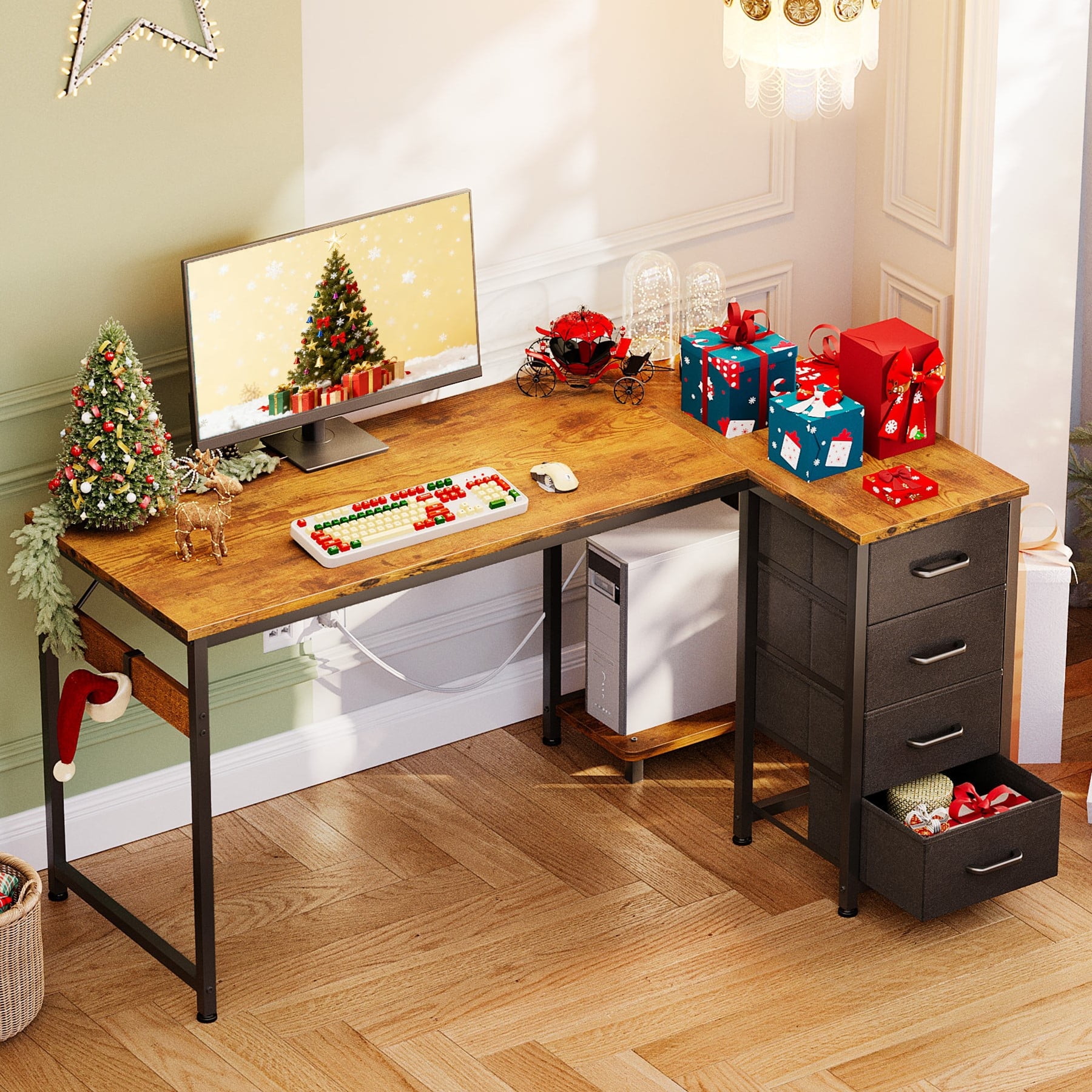 48 inch Computer Desk with 4 Fabric Drawers — Home Office Desks with Storage, Writing Desk with Side Hook, Desk Study/Work Table for Bedroom and Small Space, Vintage