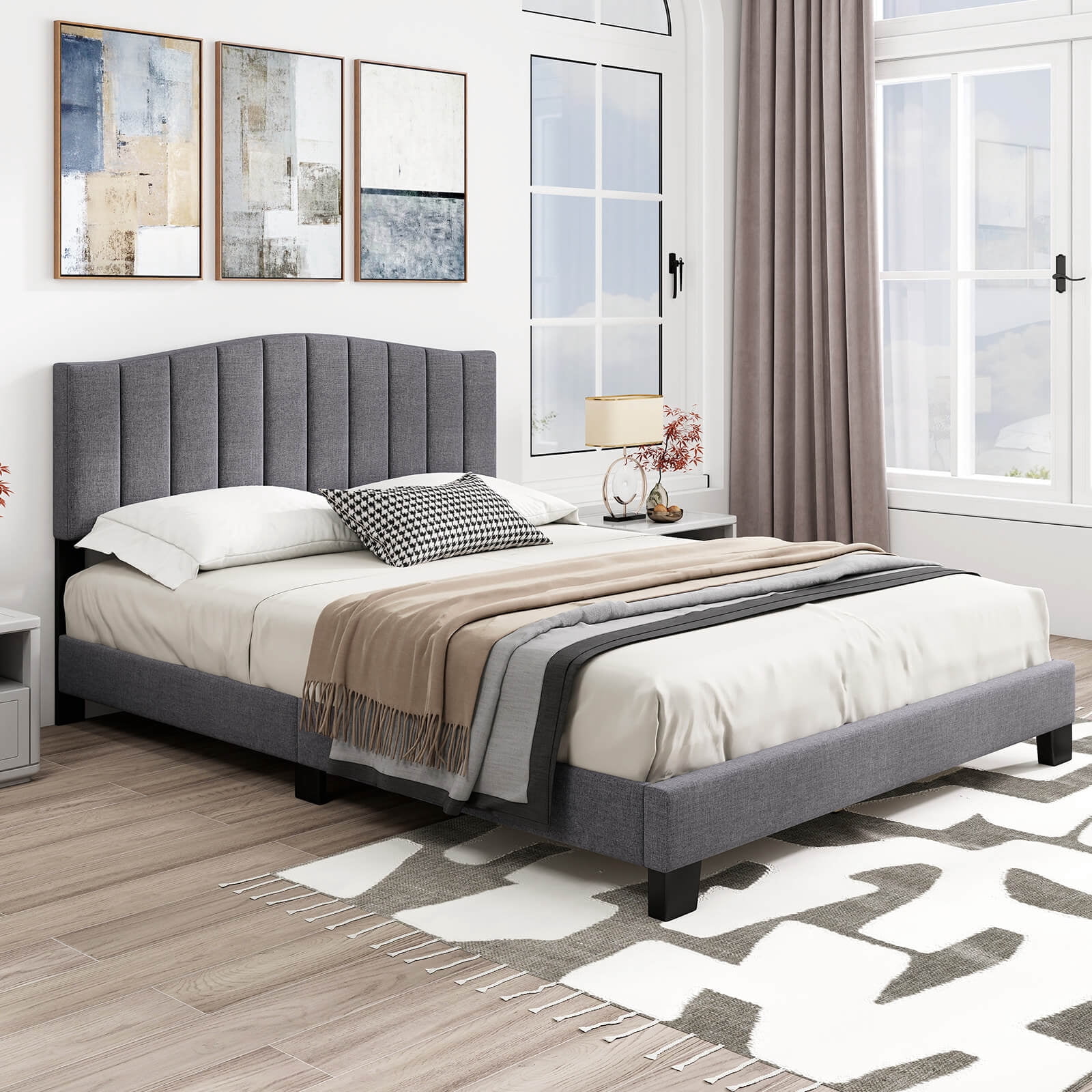 Costway Modern Upholstered Bed Frame Queen Size Platform Bed with Wooden Slat Support
