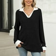 thumbnail image 3 of STETMN Women Sweaters Knit Long Sleeve Color Block Lapel V Neck Striped Tops Loose Blouses, 3 of 8