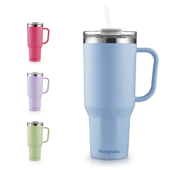 HONGBAKE 40oz Stainless Steel Tumbler with Handle & Straw Lid, Vacuum Insulated Tumbler, Powder Blue