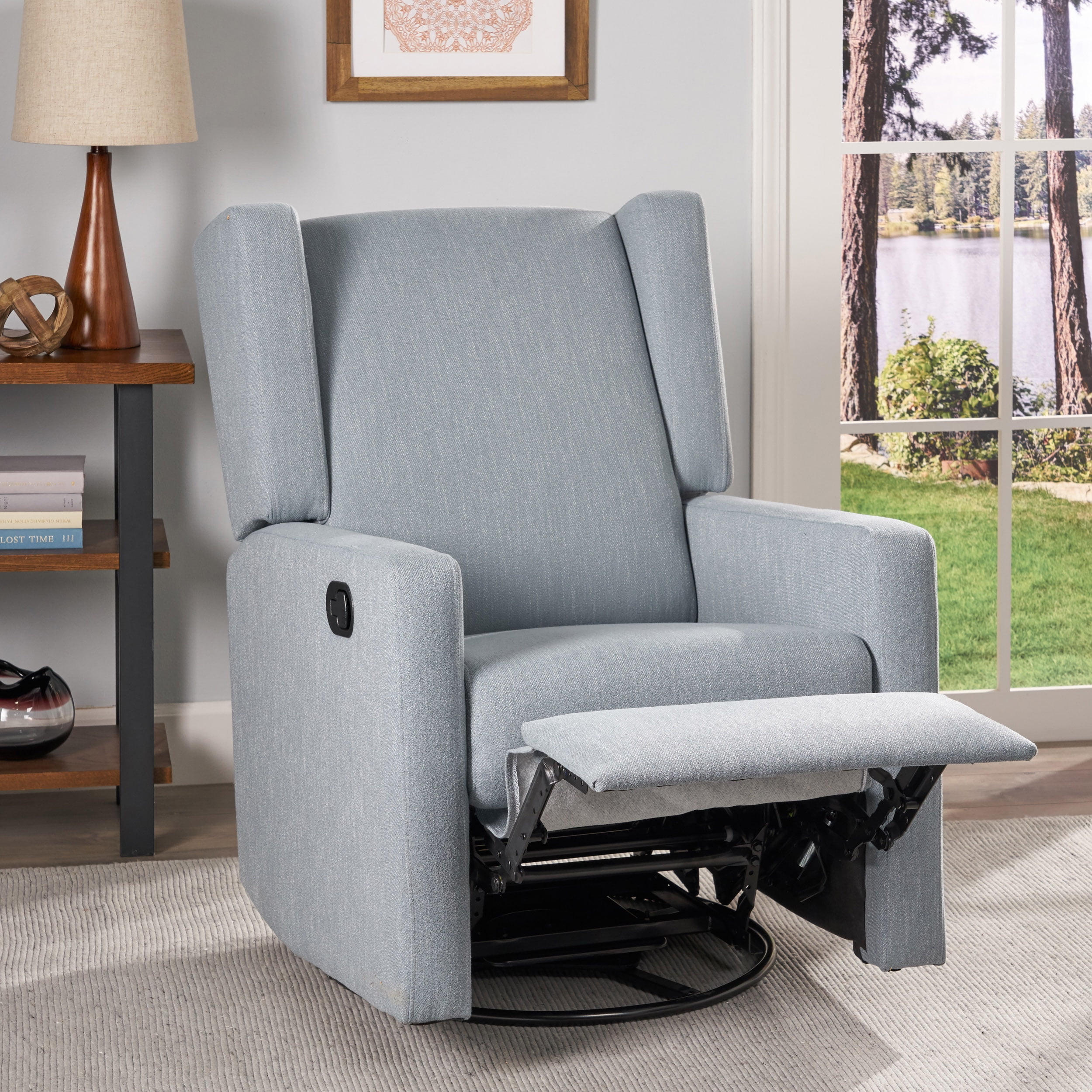 Noble House Rushika Contemporary Fabric Upholstered Swivel Recliner, Dusty Blue and Black 