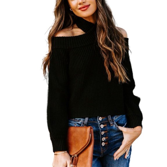 Turtleneck Cold Shoulder Sweater Black Large