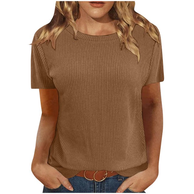 Timegard Hauts pour Femmes Col Rond Manches Courtes Côtelé Couleur Unie Blouse Confortable Tee-Shirt Basique Décontracté Ample