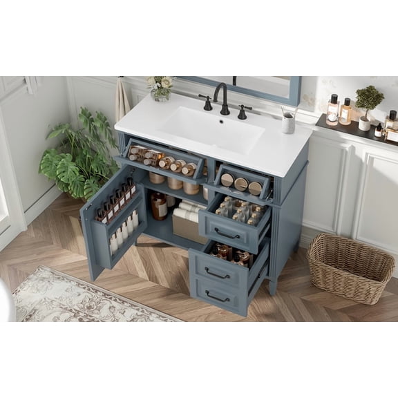 36 Inch Freestanding Bathroom Vanity with Ceramic Sink Top, Solid Wood Frame and MDF Cabinet, Flip Drawer Design with Adjustable Shelf and Metal Handles for Modern Bathroom Storage