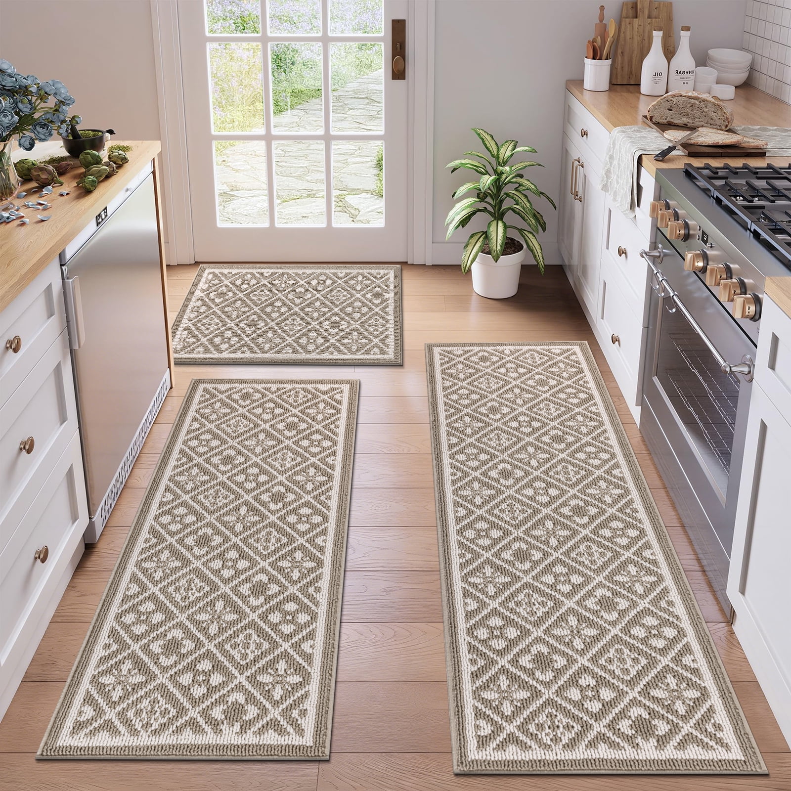 Vaukki Farmhouse Kitchen Rugs Sets of 3, Non Slip Kitchen Floor Mats Washable Kitchen Runner Rug, Beige
