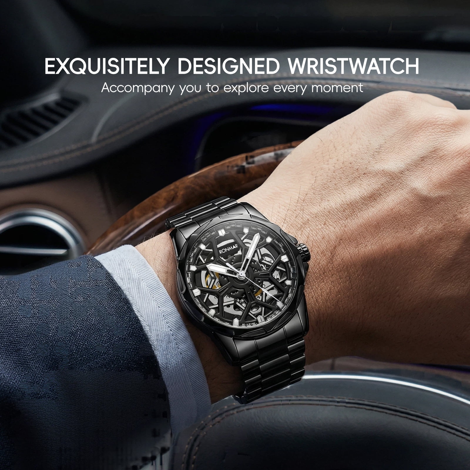 SKMEI Men's Automatic Mechanical Watch Skeleton Waterproof Stainless Steel Mens Watches Fashion Analog Watch for Men
