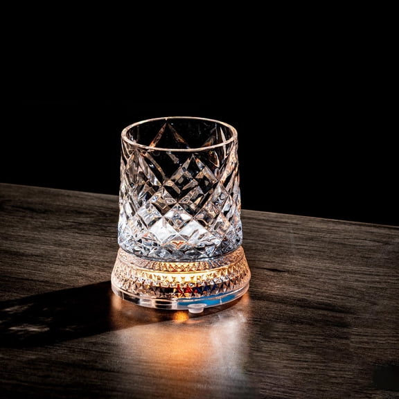 360° Rotating Whiskey Glass with LED Light Spinning Crystal Bourbon Tumbler Glowing Old Fashioned Scotch Glasses Gift