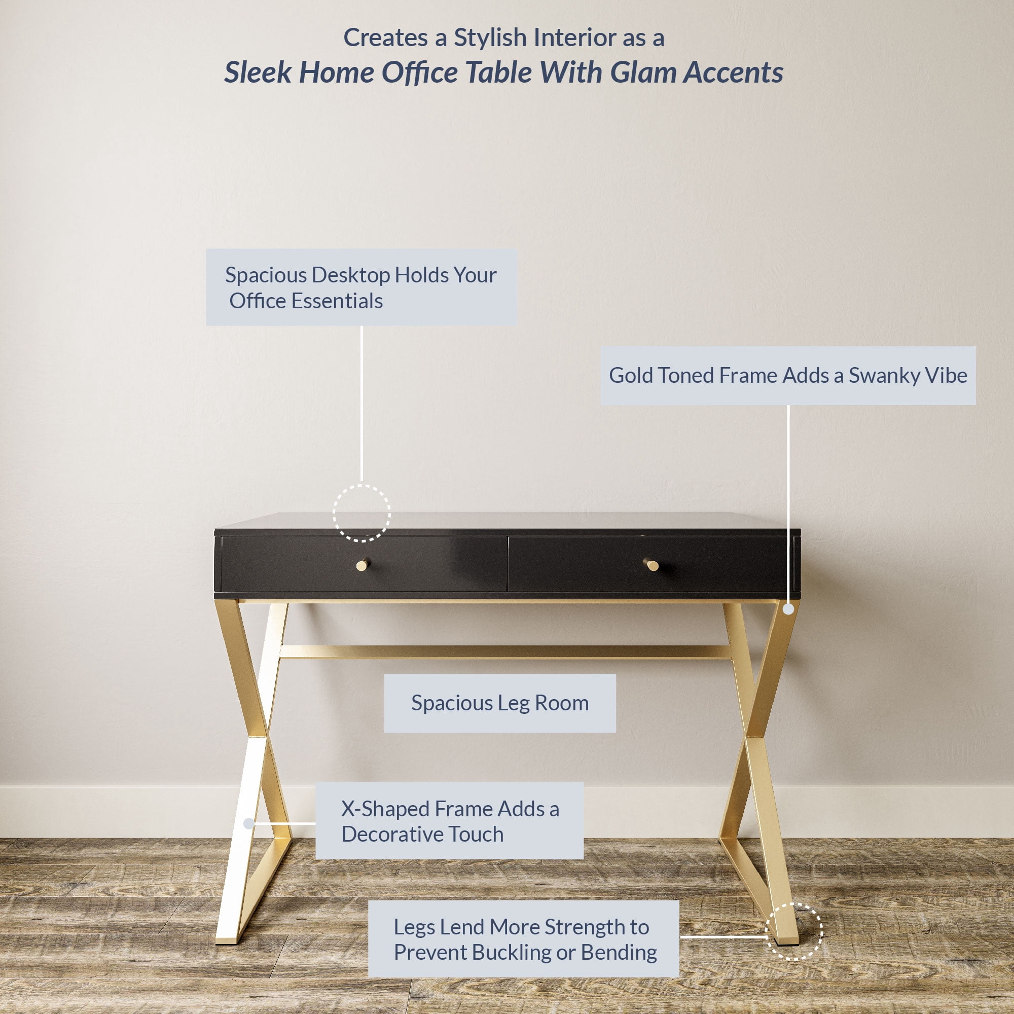 BELLEZE Vanity Table, Home Office Computer Desk - Ellena (Black)