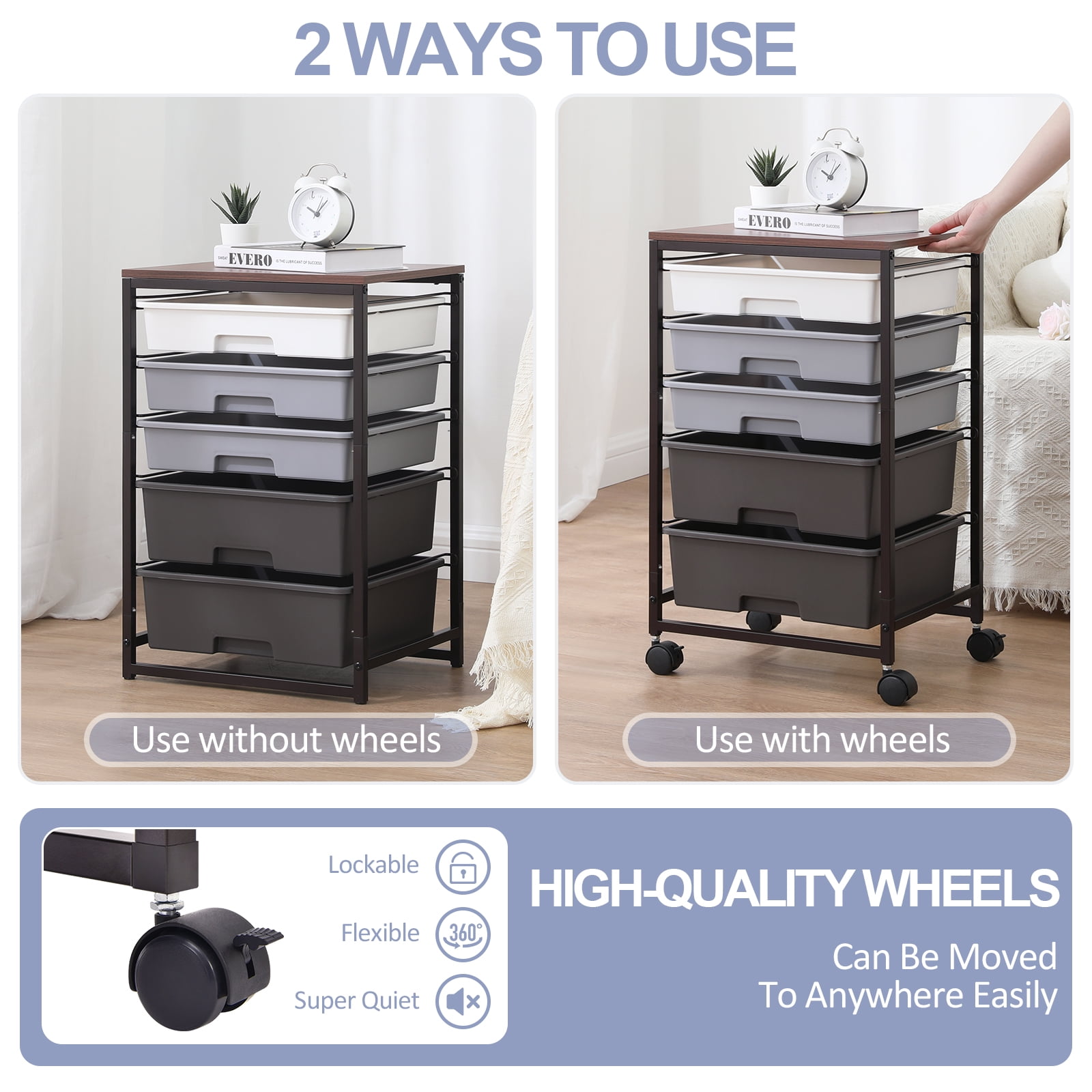 KK KINGRACK Rolling Cart with 5 Drawers, Storage Drawer Cart with Wooden Tabletop, Metal & Plastic, Gray