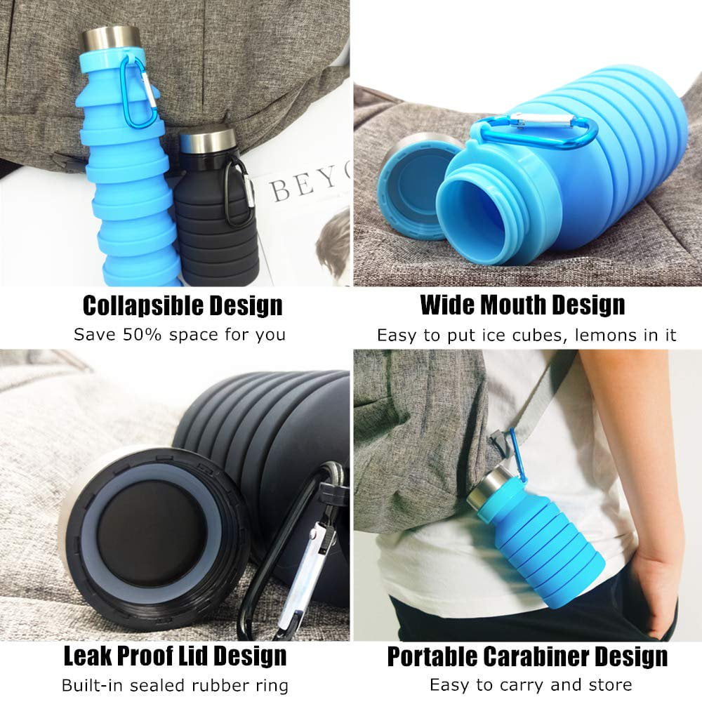 CNKOO Collapsible Water Bottle, Reuseable BPA Free Silicone Foldable Water Bottles for Travel Gym Camping Hiking, Portable Leak Proof Sports Water Bottle with Carabiner, 18oz Green