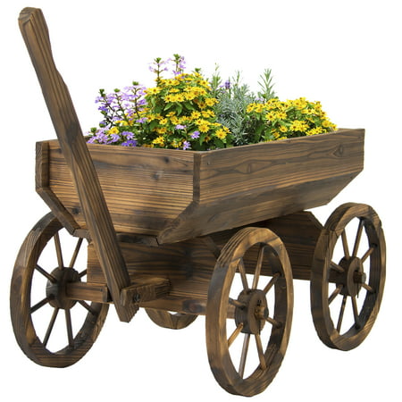 Best Choice Products Garden Wood Wagon Flower Planter Pot Stand With Wheels Home Outdoor (Best Flowers For Small Pots)