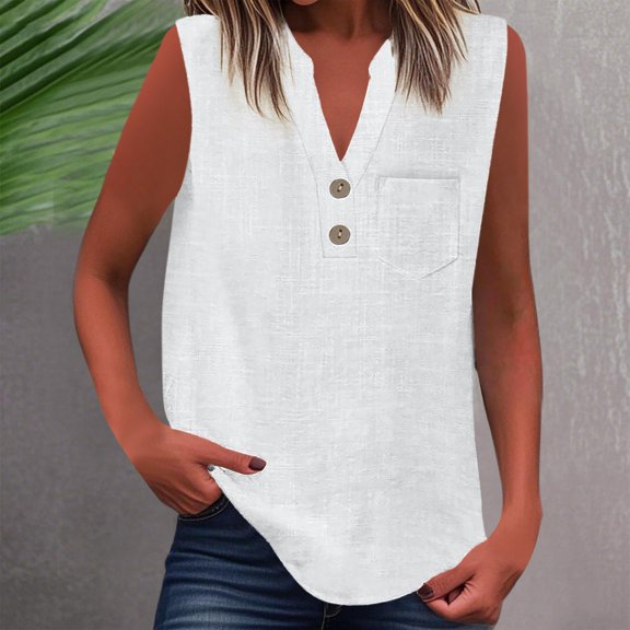 Summer Women Sleeveless Button Down Shirt Casual Pure Color Blouse Versatile Tank Top Comfortable Daily Wear