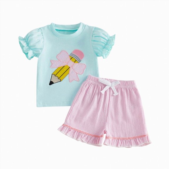 mgoYE Toddler Baby Girls Summer Clothes Back to School Smocked Short Sleeve T-Shirt Tops Ruffled Plaid Short Sets Cute Outfits 2Pcs(Light Blue,2-3 Years)