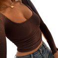 thumbnail image 3 of Gupgi T-Shirt Court Froncé pour Femmes à Manches Longues, Col Carré, Ajusté, Basique, Uni, 3 of 7