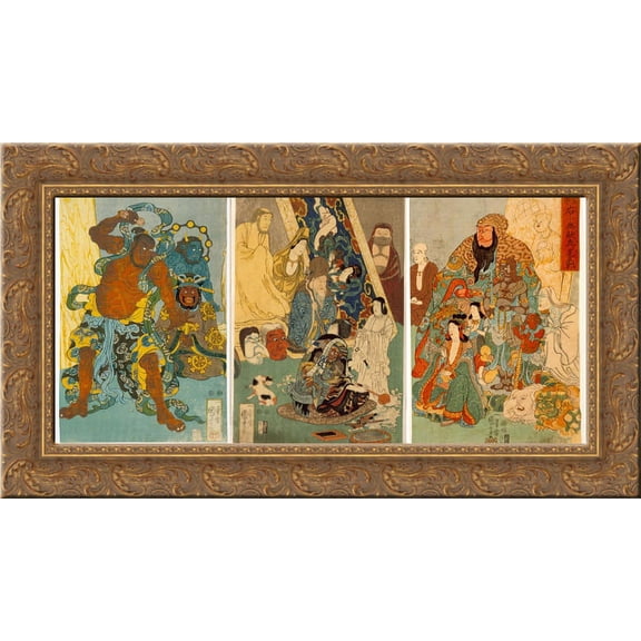 The Famous Unrivalled Hidari Jingoro 24x14 Gold Ornate Wood Framed Canvas Art by Utagawa Kuniyoshi