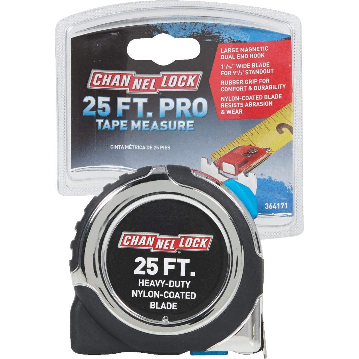 Channellock Professional Tape Measure, 25', Two-Toned, Push-Button Lock, Nylon Blade, Metal Case