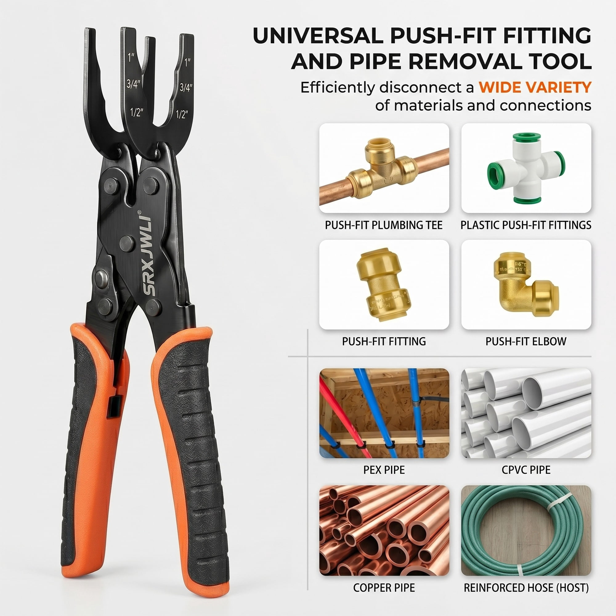 Pex Removal Tool Push in Clamp Pliers to Connect Removal Fit Tools Disconnect Pliers Tong Sized 1/2 3/4 1" Multi-sized Quick Release Remove Rubber Hose from Fitting Brass Pipe Cable