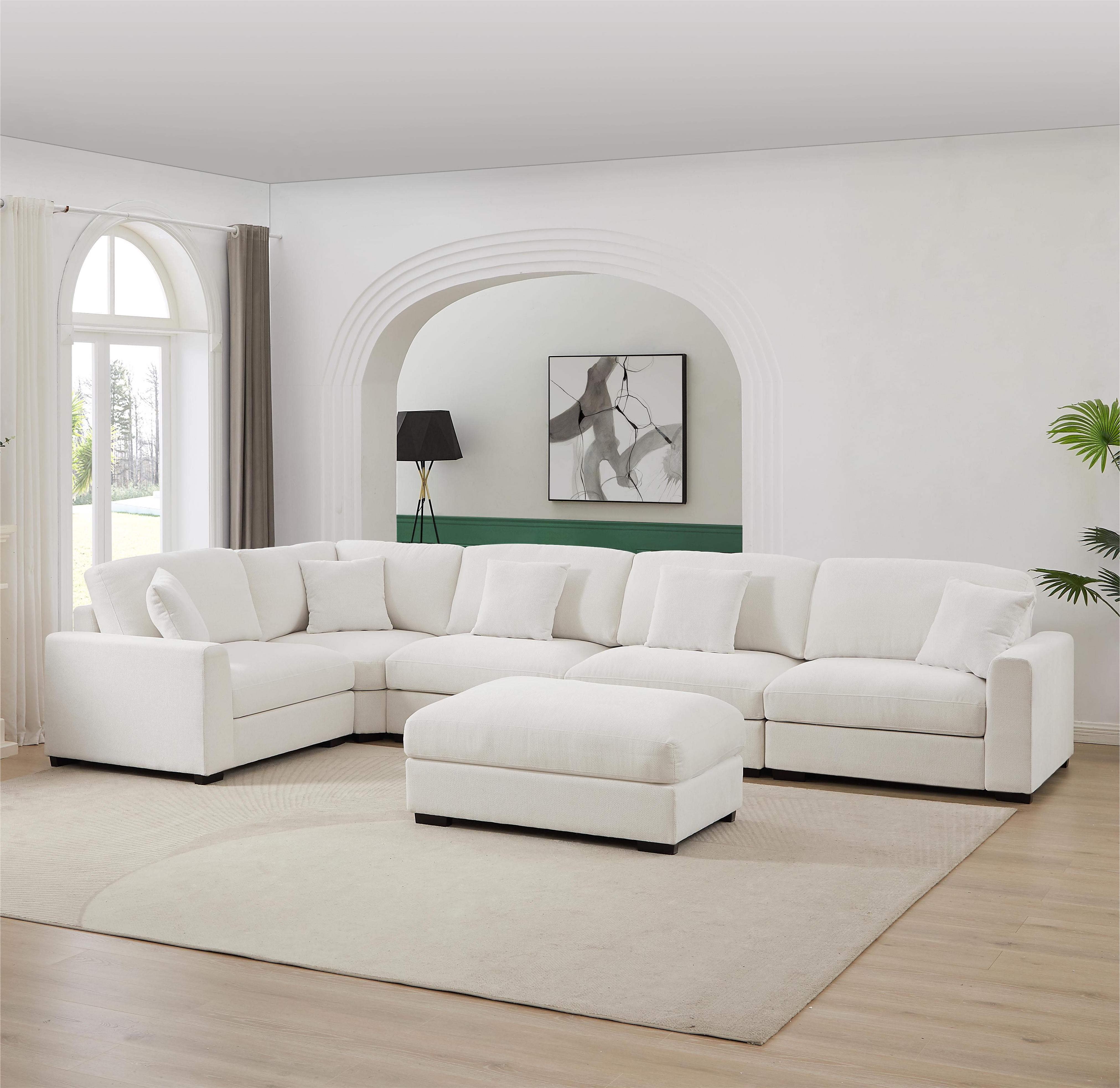 Chenille Reversible Modular 6 Piece Corner Sectional Couch with Ottoman for Comfortable and Versatile Living Room, Family Room, Home Theater, Living Spaces