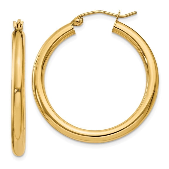 14k Yellow Gold Polished 3mm Round Hoop Earrings - 2.4 Grams - Measures 30mm long 3mm Thick