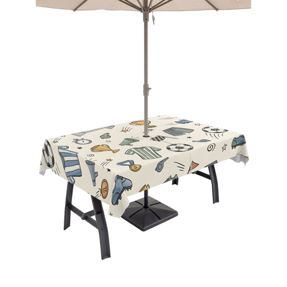 Outdoor Tablecloth with Umbrella Hole for Patio/Picnic/Party/Camping, Beige Cartoon Sports Waterproof Table Cloth Rectangle Table Cover Washable, Funny Football Trophies Whistle (60"x 120")