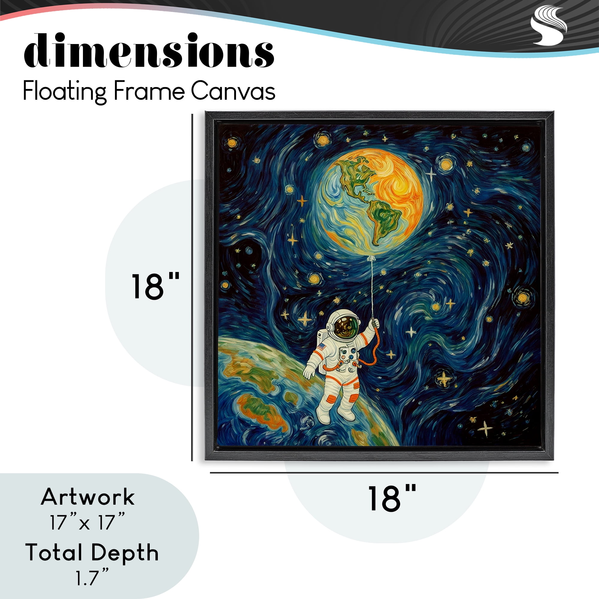 Astronaut with Earth Balloon Black Framed Floater Canvas Wall Art, design by Angie Hawke