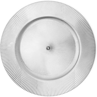 Simply Elegant Stripe Etched Plastic Charger Plate | Service Plate for Parties, Dinner, Weddings, Quinceaneras and Events | 13 inch Diameter | Silver- Gloss Finish | Set of 12