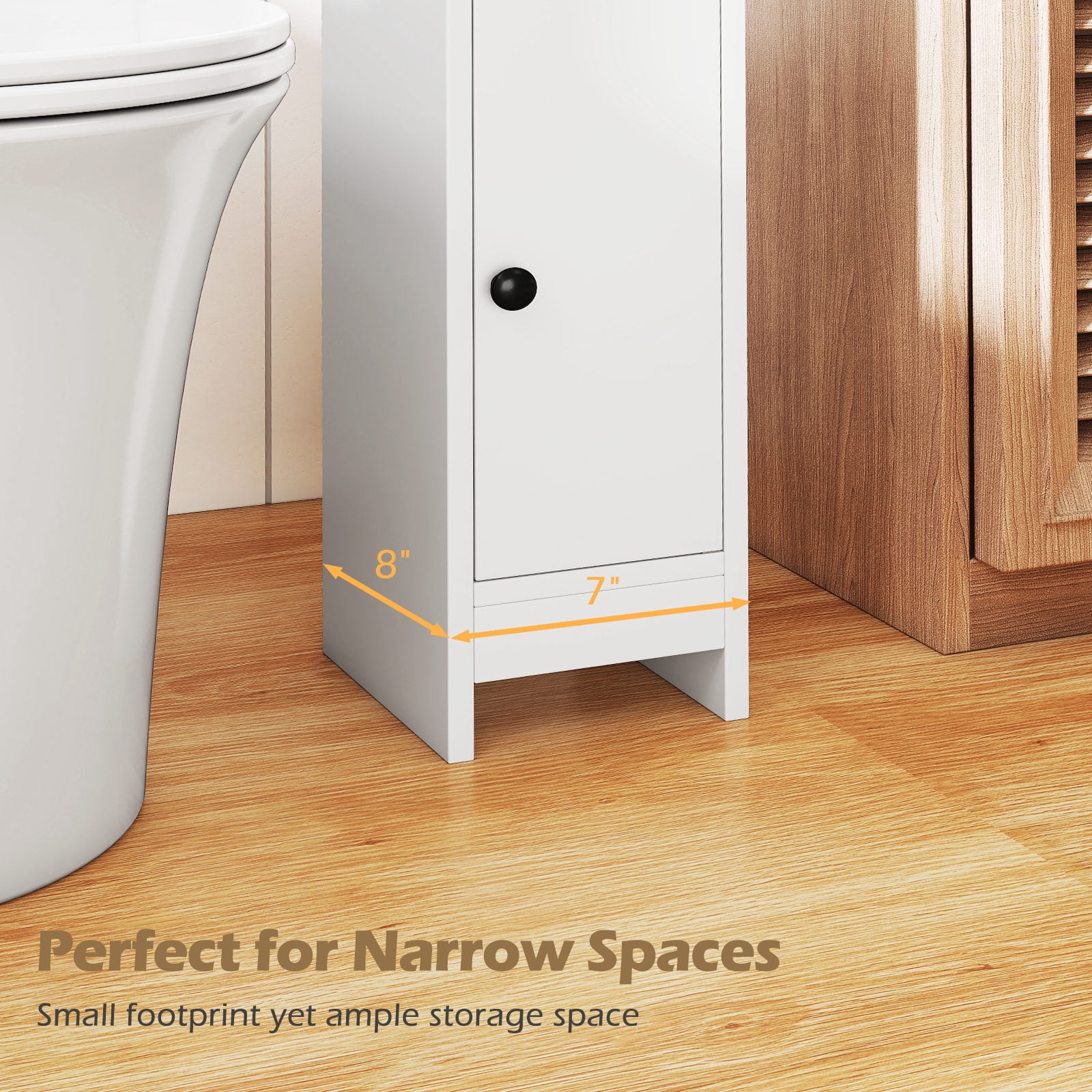 Topbuy Bathroom Storage Cabinet Small Corner Floor Cabinet with Door and Adjustable Shelves Toilet Paper Holder Stand White