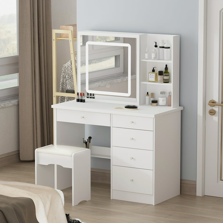 Hitow Vanity Desk Set with Lighted Mirror, Makeup Vanity with Drawer &  Shelf, Dressing Table with Cushion Stool, Vanity Set for Bedroom, White