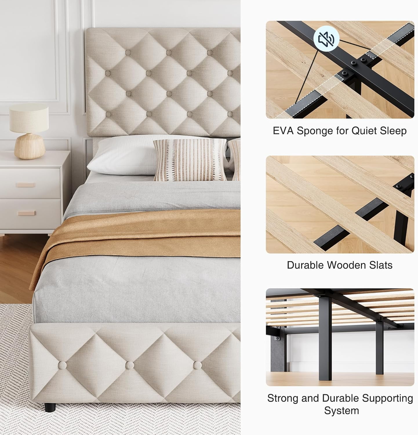 GARVEE Queen Bed Frame, with 4 Storage Drawers & Adjustable Headboard, White